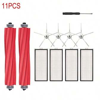 For Roborock Q7 Max, Q7 Max+, Q7 Plus, T8 Replacement Filter Main Side Brush Cloth Dust Bag Parts Vacuum Cleaner Accessories Kit - Includes 2 Main Brushes, 4 Side Brushes, 4 HEPA Filters, 1 Cleaning Tool Accessory (11-Pack)