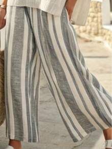 YI XUAN 女士波西米亚休闲两件套，度假条纹印花圆领半袖舒适上衣和裤子套装，休闲时尚的波西米亚优雅套装，适合夏季穿着 - 卡其色 - 查看 7