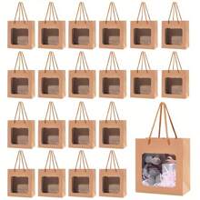 5/10/20/30pcs Kraft Paper Gift Bags With PVC Transparent Window And Handle, Gift Packaging Bags For Birthday Wedding Party Flower Shop Christmas