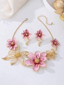 Conjunto de 3 peças de colar e brincos com pingente floral esmaltado elegante, adequado para roupas femininas do dia a dia e de férias, presente