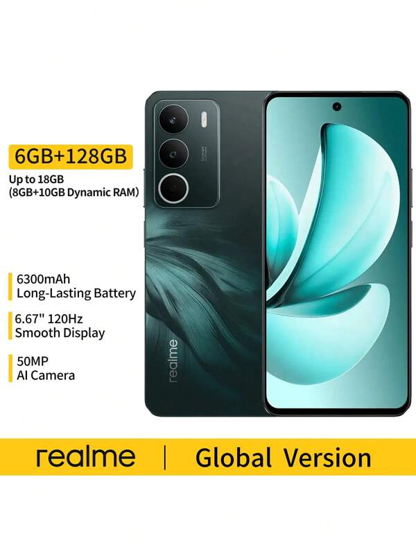 Realme C71 6GB+128GB Global Unlocked Smartphone With UNISOC T7250 Chipset&6.67" HD+ 120Hz Display,6300mAh Massive Battery​&45W Fast Charging,50MP AI ProLight Camera &Record ​1080P Dual-View Video​ For Creative Content, ​IP64 Dust/Water Resistance(Green)