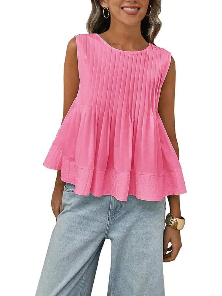 Womens Summer Pleated Peplum Sleeveless Blouse Tops Round Neck Y2K Babydoll Blouse Shirt - Hotpink - View 1