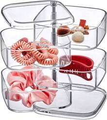 4-Tier Acrylic Hair Accessories Organizer With Lid, Plastic Jewelry Holder, Rotating Makeup Accessories Container, Beauty Supply Storage, Clear, Square (4.5" X 4.5")No. 30111 - Square - View 8
