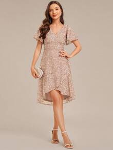 奢华亮片晚礼服 V 领荷叶边袖修身及膝宾客礼服 - 香檳色 - 查看 5