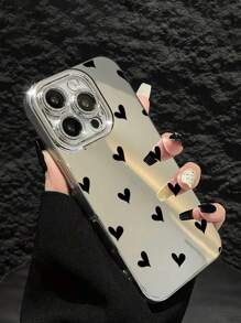1 pieza Funda de teléfono con patrón de corazón negro simple y elegante con rhinestones, película de lente espejo brillante, cubierta protectora a prueba de golpes de TPU compatible con Apple 16 Pro Max/15/14 Plus/13/12/11 Pro