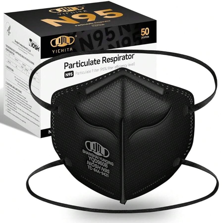 2025 Mask NIOSH Approved 60-Pack, Particulate Respirator  Face Masks Universal Fit - Individually Wrapped - 50個裝 - 黑色 - 查看 1