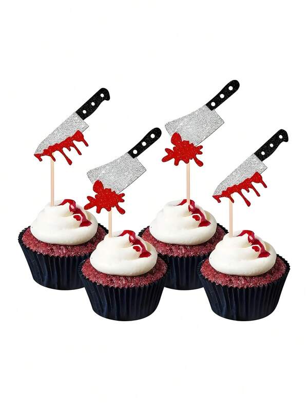 12pcs Horror Halloween Cupcake Toppers Glitter Scary Blood Knife Cupcake Picks For Halloween Theme Have A Killer Birthday Party Cake Decorations Supplies
