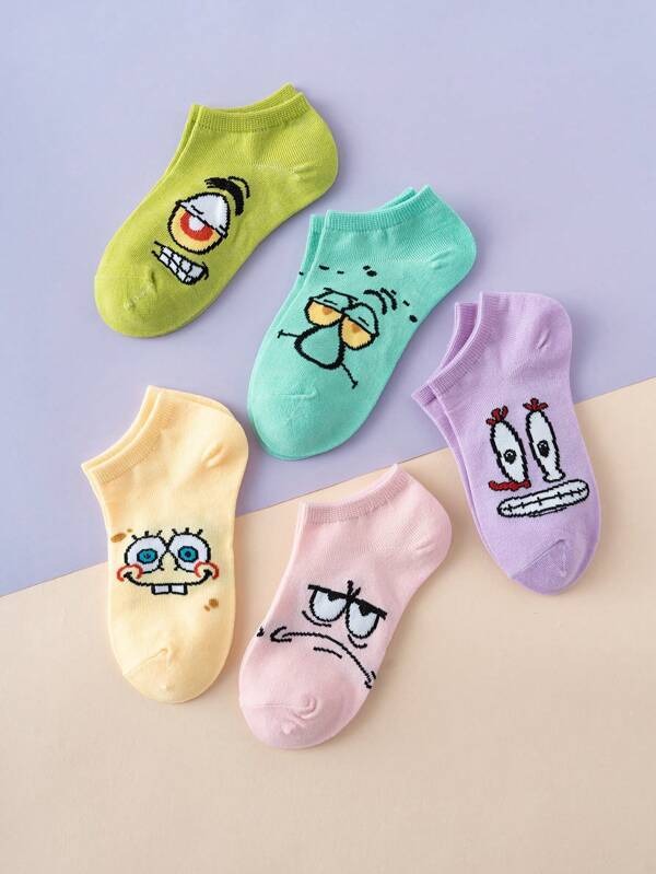 SPONGEBOB 5 Pairs Cartoon Spongebob Printed Colorful Jacquard Pattern Kids Socks, Breathable & Durable Sports Socks Suitable For All Seasons, European Size, Comfortable To Wear, Rich In Colors, Ideal For Daily Matching