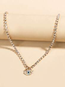 1pc Versatile Vintage Fully Rhinestone Tennis Chain, Crown & Evil Eye Pendant Necklace, Suitable For Men & Women Daily Wear & Elegant Gift