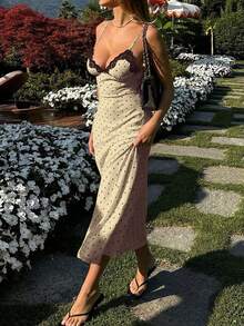 Vestido largo de satén con estampado de lunares de línea A elegante y romántico de Yuwenier, camisola de encaje, tirantes finos, espalda abierta, adecuado para el Día de San Valentín, festivales de música, vacaciones en la playa en verano - Albaricoque - Ver 4