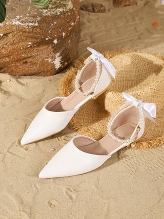 Höst/vinter Nya Mode Dam Pärldekor Spetsiga Tå Mary Jane Casual Platta Skor, Vita Ihåliga Rosettdesign