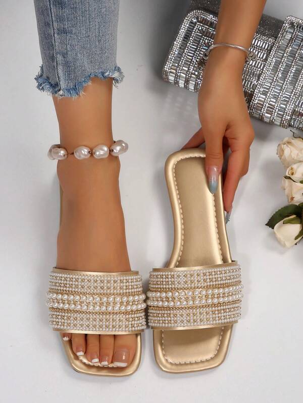 Lujos Sandalias tipo mulas de gran tamaño con puntera cuadrada y adorno de perlas, antideslizantes. Sandalias versátiles de moda para playa y vacaciones para mujeres