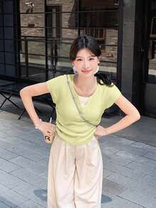 RUIWY 休闲二合一针织上衣，女式短袖T恤，收腰，薄款设计，夏季 - 綠色 - 查看 3