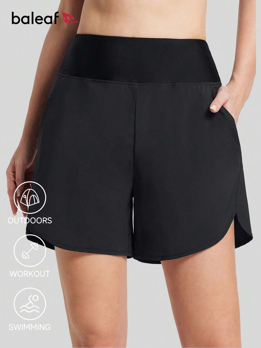 baleaf Short de natación para mujer de 5" de alto talle, pantalón corto de playa de secado rápido, troncos de natación con forro y protección UPF 50+ - Negro - Ver 1