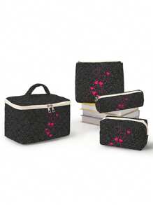 4-Piece/Set Quilted Random Pattern Ballpoint Pen Core Multi Functional Travel Makeup Bag, Large Capacity Makeup Bag, Makeup Bag, Skincare Bag, Large Capacity Travel Makeup Bag, Makeup Bag, Skincare Bag, Toilet Bag Packaging Box, Travel Necessities, Cruise Necessities, Dormitory Necessities,