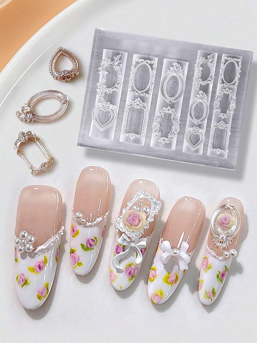 Beautizon Nailartlab 1个复古相框美甲模具,3D浮雕法式风格雕刻相框,硅胶材质,美甲DIY装饰工具,美甲用品,美甲工具,美甲工艺工具,返校季,美甲,美甲工具(适用于美甲贴纸),修甲工具 - 彩色 - 查看 1