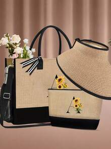 3件套女士沙滩手提包，配有肩带，包含沙滩帽和化妆包；A-Z字母沙滩配饰包，带侧袋；个性化礼品袋，含围巾；女士卡其色波浪形沙滩遮阳帽 - 卡其色 - 查看 6