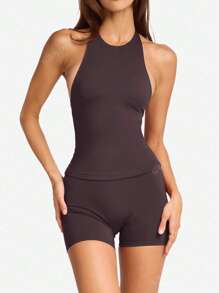 Conjunto de dos piezas de mujer Simple Flavor Y2K, de unicolor, para hacer yoga o ejercicio, con top sin mangas y shorts ajustados