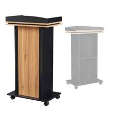 Podium Stand, Holz Podium mit Rädern, Lectern mit Lagerung, Mikrofon Stand Platz, 15MM Partikelplatte, Holz Kanzel für Restaurants, Kirchen, Seminare und Schulen, Das Podium verfügt über einen eleganten schwarzen Körper, ergänzt durch natürliche Holzfarbenen Platten und eine Oberfläche, die einen anspruchsvollen und eleganten Look bietet. Die Oberfläche ist mit einer doppelschichtigen Struktur ausgebildet, die sowohl die Stabilität als auch die Ästhetik verbessert. Das Podium ist mit minimalen Komponenten konzipiert, wodurch die Montage extrem einfach und schnell ist