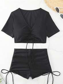 Traje de bikini de playa de cuerda sólida para mujeres,Traje de baño de dos piezas, traje de baño de Bikini femenino - Negro - Ver 2