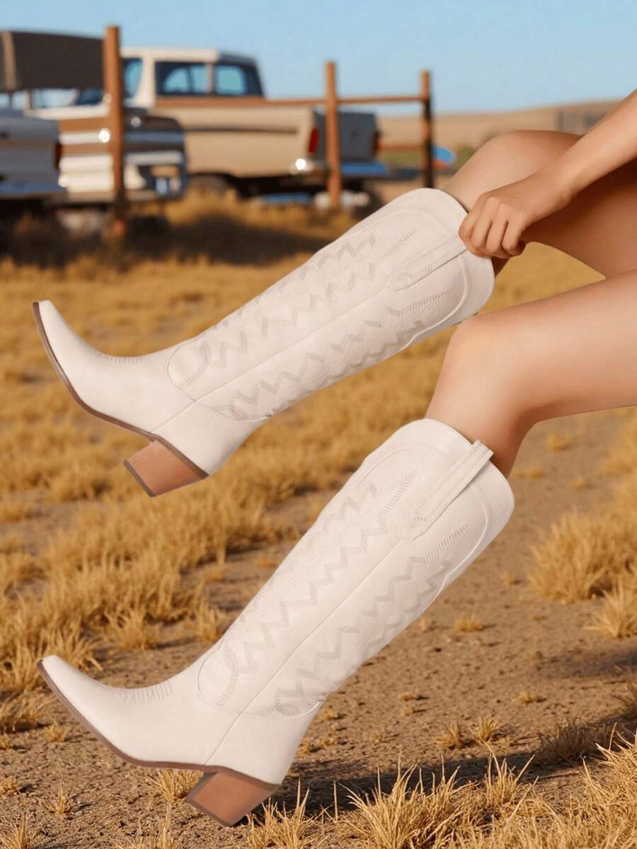 Womens Cowboy Boots Comfortable Retro Pull On Pointed Toe Wide Calf Long Tall Block Chunky Heel Embroidered Boots Outdoor Boots