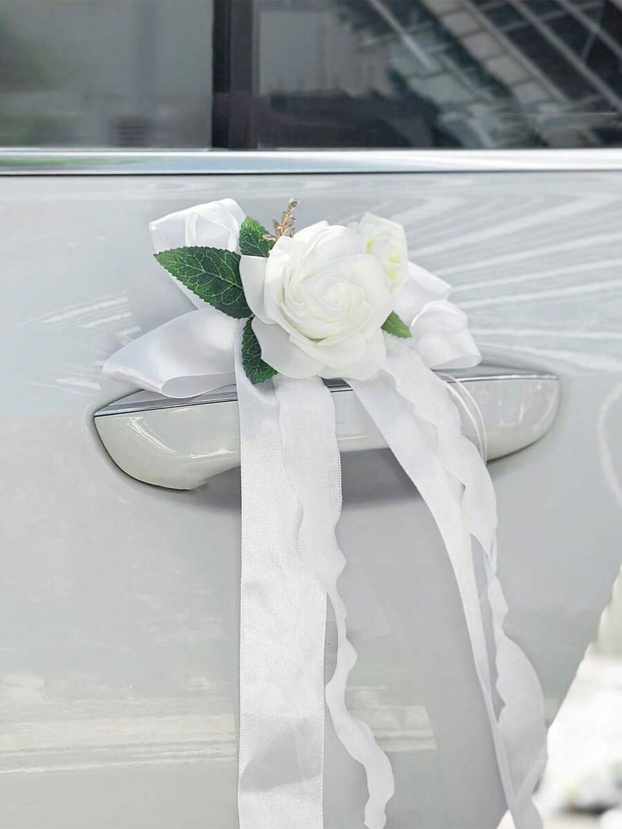 4支仿真汽车花束，饰有丝带蝴蝶结，适用于婚礼车门、后视镜、门把手、椅子、餐桌中心装饰、生日派对礼物装饰 - 多色1 - 查看 1