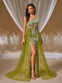 GIFORU Lavender Quartz & White Mermaid Gown Sheer Illusion One-Shoulder Dress With Silver Sequin Beading & Tulle Skirt Perfect For Gala Wedding Or Red Carpet - Olive Green - View 7