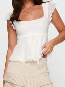 Womens Lace Ruffled Crop Tops Y2k Square Neck Flying Sleeve Babydoll Tank Top Tie Front Flared Hem Boho Blouse - trắng - Xem 2