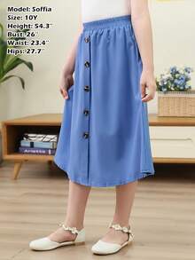 Girls A-Line Elastic High Waist Pleated Swing Maxi Skirt With Pockets For 4-14T - Blue - View 4