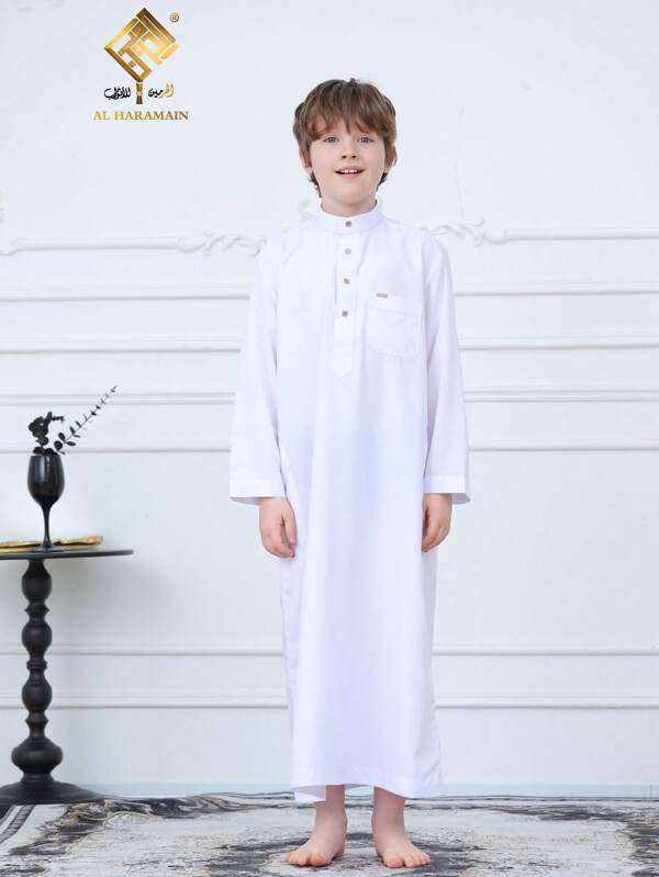 Children's High-End Fashion Arabic Style Robe, Stand Collar Long Sleeve Design, Four-Buckle Style, With Chest Pocket, Latest Soft Fabric