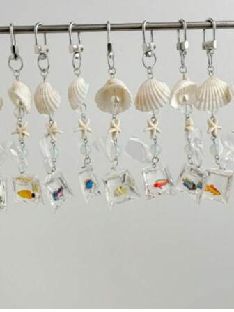 1 件海洋风格热带鱼可爱手机挂饰、天然贝壳风铃装饰、钥匙扣