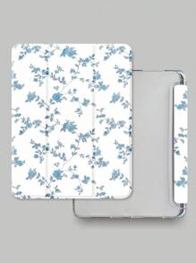 1pc Blue Floral Painting Pattern Transparent Silicone Anti-Drop Protective Cover With Pen Holder, Support Sleep & Wake Function Compatible With Huawei, , IPad, , Holiday Gift