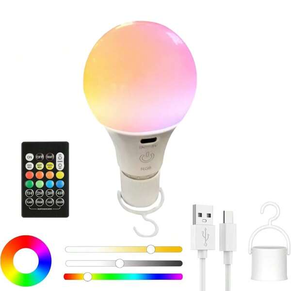 Wiederaufladbare LED-Glühbirne mit Fernbedienung, abnehmbar, Ambiente-Beleuchtung, Tischlampe, Wandleuchte, Kugelleuchte, Notbeleuchtung, 15 Farben, USB-aufladbare LED-Glühbirne mit Haken - tragbar, hohe Helligkeit, geeignet für Schlafzimmer, Wohnzimmer
