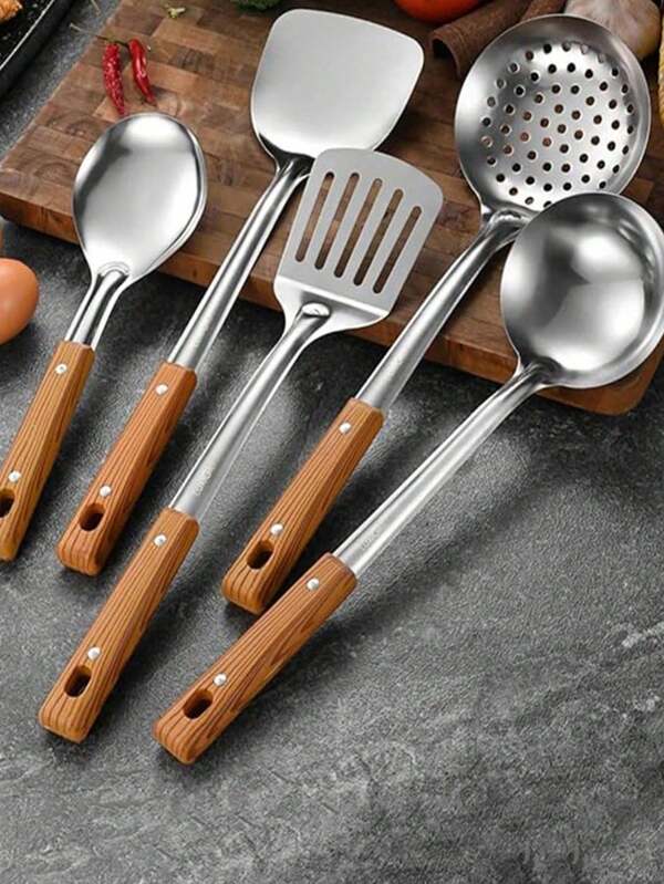 Juego de 1 a 5 piezas de utensilios de cocina de acero inoxidable antiadherente con mango resistente al calor, espátula de grano de madera, cazo, colador, cuchara de arroz, utensilios de cocina duraderos