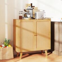 Bamboo Buffet Cabinet W/ PE Rattan Doors Freestanding Kitchen Cupboard Natural - Natural - View 5