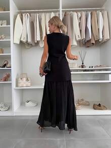 优雅纯色女式两件套，V 领纽扣针织上衣和褶皱网眼裙 - 黑色 - 查看 3