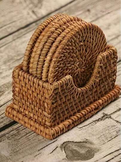6pcs Handmade Rattan Coaster Set - Autumn Vine Design, Heat-Resistant Pot Mats For Kitchen & Dining, Wooden Storage Tea Accessories Valentine DAY, Valentines Wedding, Birthday