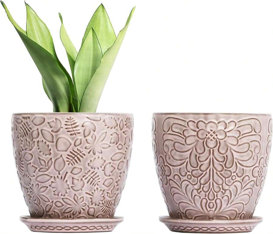 6 Inch Retro Ceramic Planter Set Of 2 With Drainage Hole And Saucer For Plants, Indoor-Outdoor Garden Pots For Succulent, Orchid, And Flower (Fits Inner Pots Up To 5 Inches, Retro Red) - 紅色 - 查看 1