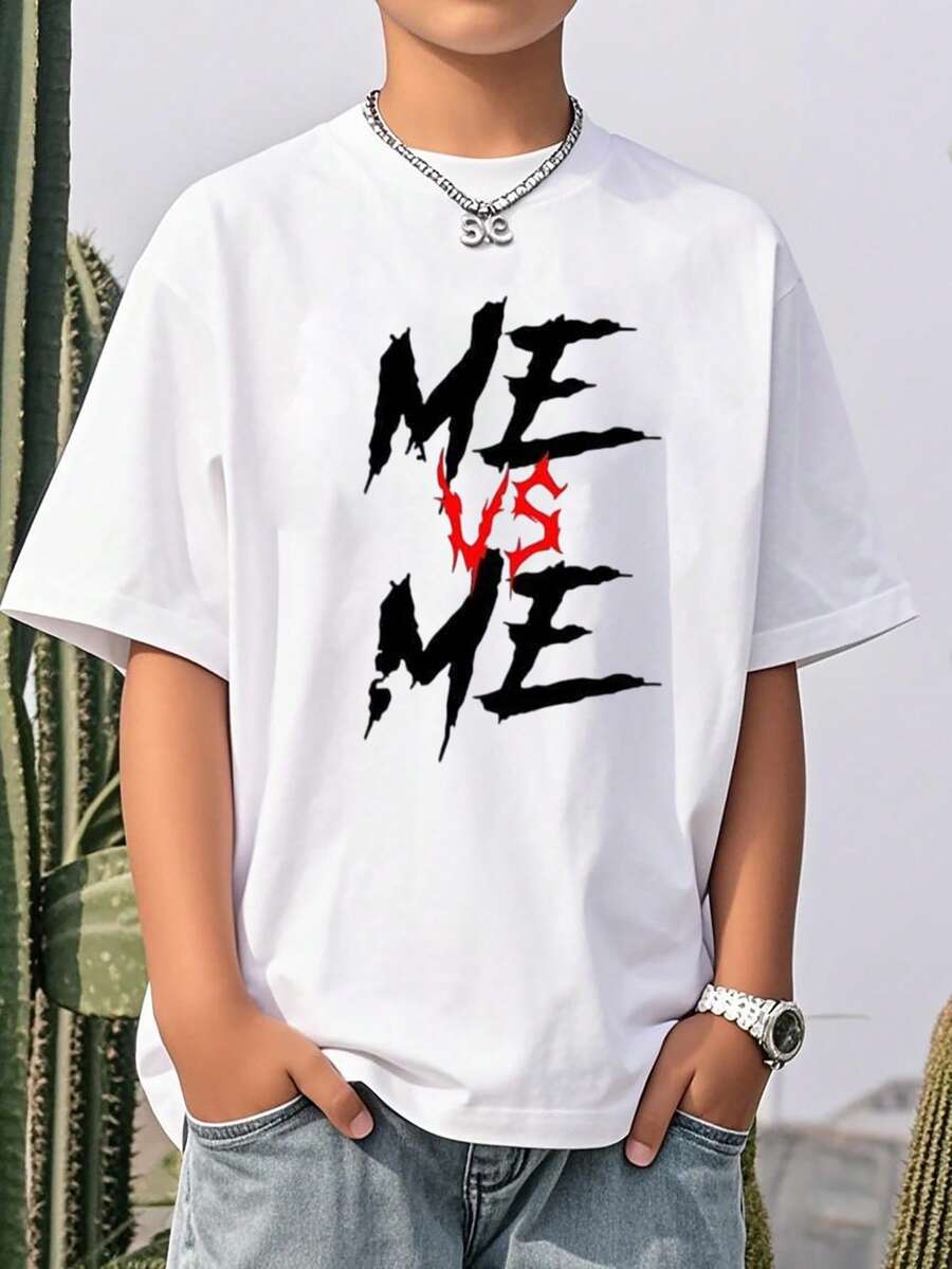 Boys & Teens' Casual Graphic Print Round Neck Short Sleeve T-Shirt, Summer Top - White - View 1
