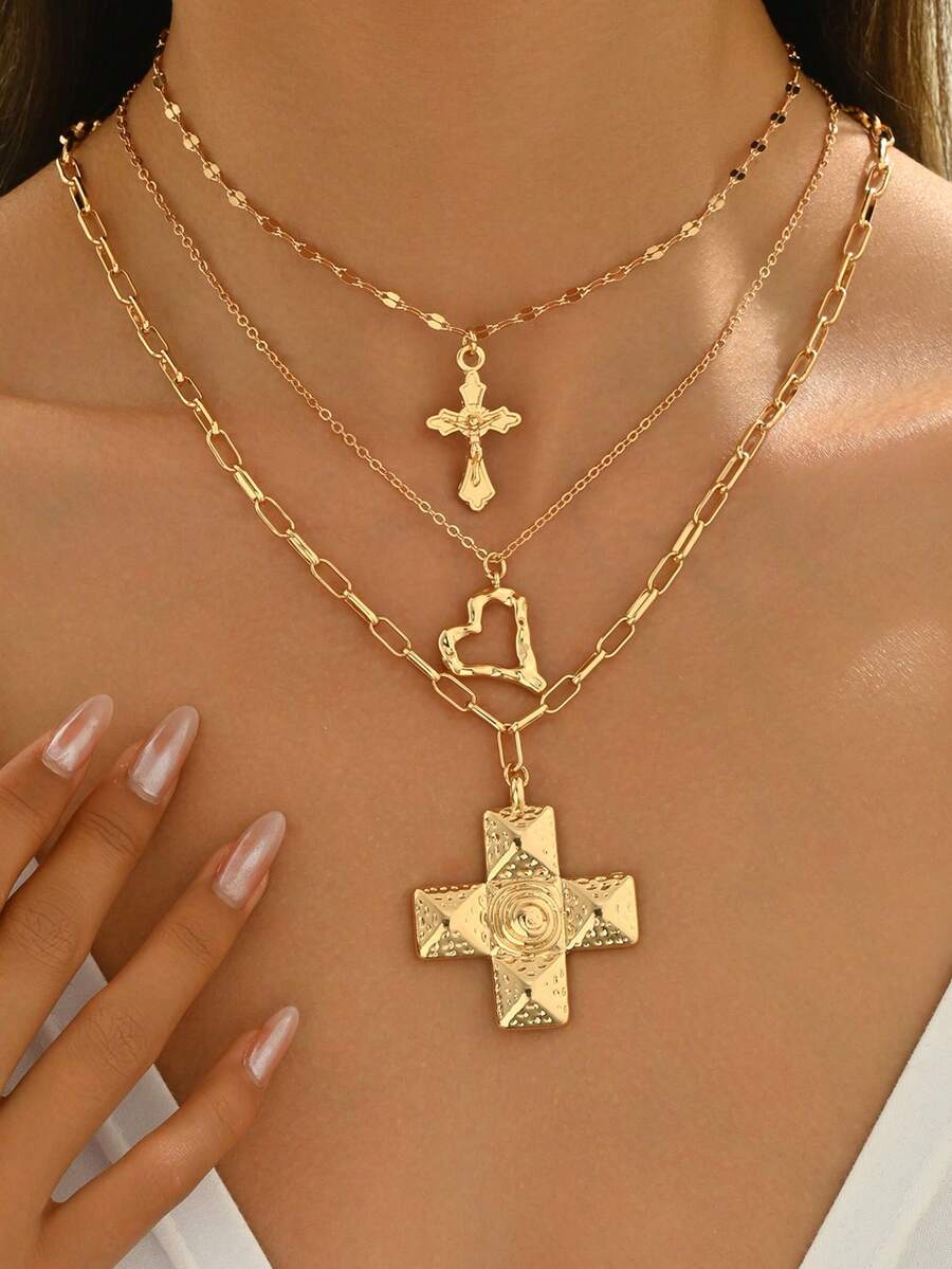 3pcs/Set Elegant Heart Pendant Necklace, Fashionable Simple Cross Pendant Necklace For Women, Metal Chain Suited For Daily Wear, Party, And Photo Taking - Multicolor - View 1