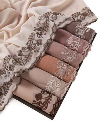 1pc Women's Solid-Color Pearl Chiffon Four-Leaf Clover Embroidered Lace Scarf, Malaysian And Indonesian Headscarf, Stylish And Elegant Shawl And Silk Scarf