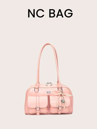 Women's Retro Solid Color Pu Leather Shoulder Bag With Multiple Pockets Large Capacity Comes With A Detachable Accessory Charm