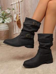 بوت منتصف الساق لموسم الخريف/الشتاء 2025، بوت مكعب ذات كعب قصير مستورد مع حزام وإبزيم، برؤوس مستديرة، للنساء، غير قابلة للانزلاق صنف عادي - الأسود - مشاهدة 1