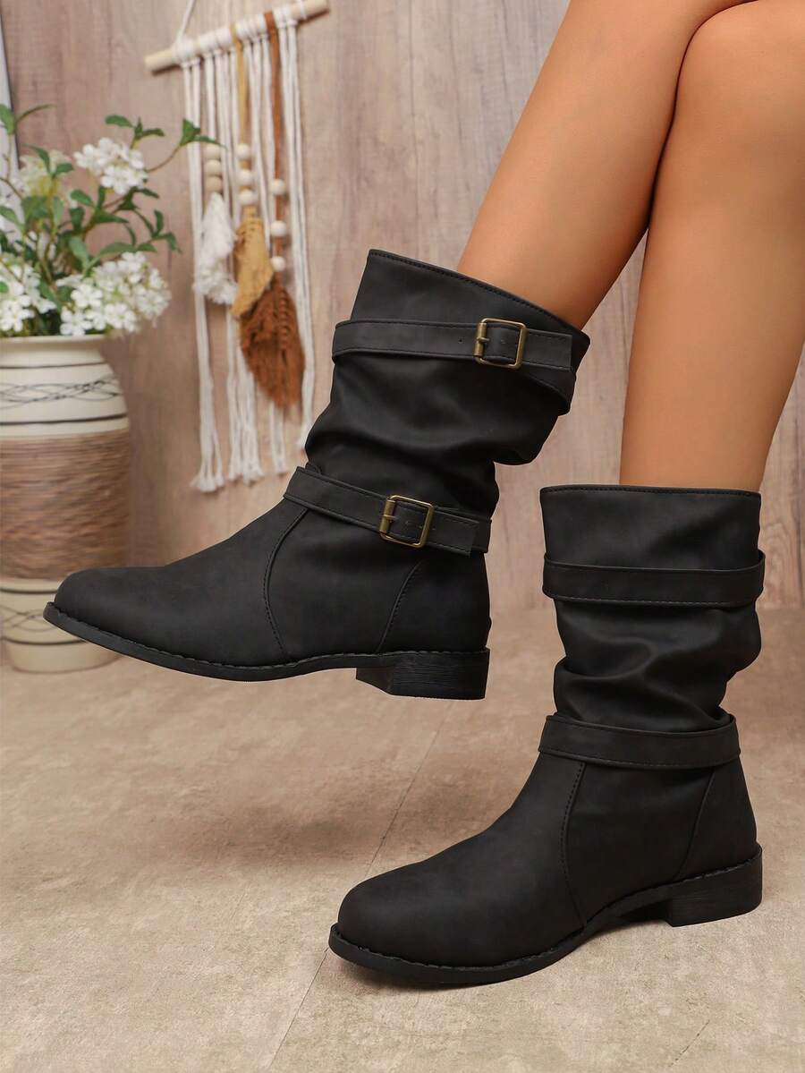 بوت منتصف الساق لموسم الخريف/الشتاء 2025، بوت مكعب ذات كعب قصير مستورد مع حزام وإبزيم، برؤوس مستديرة، للنساء، غير قابلة للانزلاق صنف عادي - الأسود - مشاهدة 1