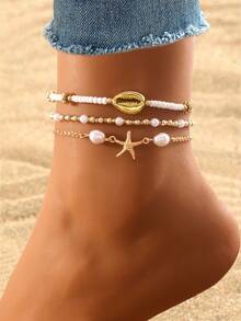 3 件/套夏季海洋元素海星和贝壳形脚链，波西米亚复古风格串珠链脚链，适合女士性感日常、派对、海滩度假珠宝（串珠数量和顺序随机） - 彩色 - 查看 7