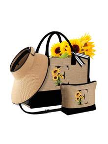 3件套女士沙滩手提包，配有肩带，包含沙滩帽和化妆包；A-Z字母沙滩配饰包，带侧袋；个性化礼品袋，含围巾；女士卡其色波浪形沙滩遮阳帽 - 卡其色 - 查看 14