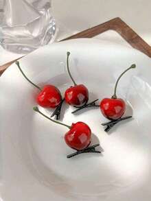 4个可爱逼真红色樱桃发夹，Y2K风格新奇发饰，情人节礼物，发夹，爪夹，扁平爪夹，发卡，发夹，发卡，发爪，头部饰品，发卡 - 彩色 - 查看 5