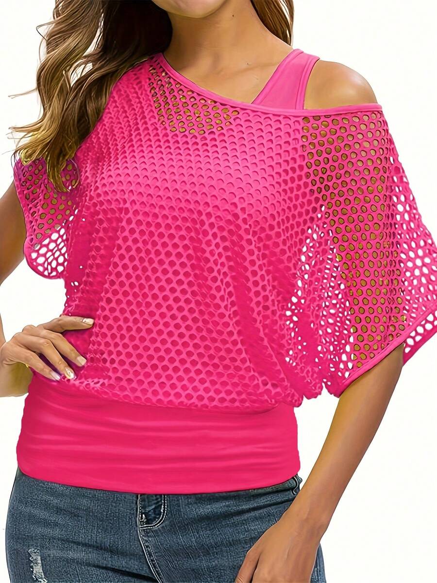 2pcs Women's Set: Neon Fuchsia Casual Fashionable Vacation Off-Shoulder Fishnet Cover-Up T-Shirt + Camisole, Spring/Summer - Hot Pink - View 1