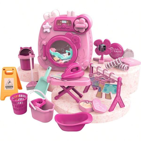 Waschmaschinen- und Reinigungsset für Kinder, Mini Kinder Waschmaschinen Wäscheset, Puppenhausmöbel Waschküche Waschmaschine und Make-up-Set Reinigungsset für Mädchen ab 3 Jahren