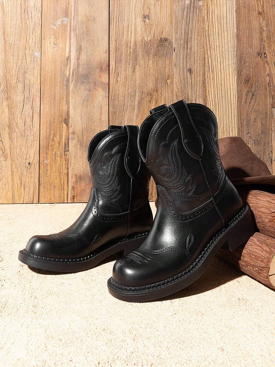 Women's Cowboy Western Ankle Booties, Thick Heel Slip-On Embroidered Square Toe Mid-Calf Fashion Boots, For Country Concerts, Rodeos, And Casual Outings,Autumn Winter Short Shaft Riding Boots - 黑色 - 查看 1